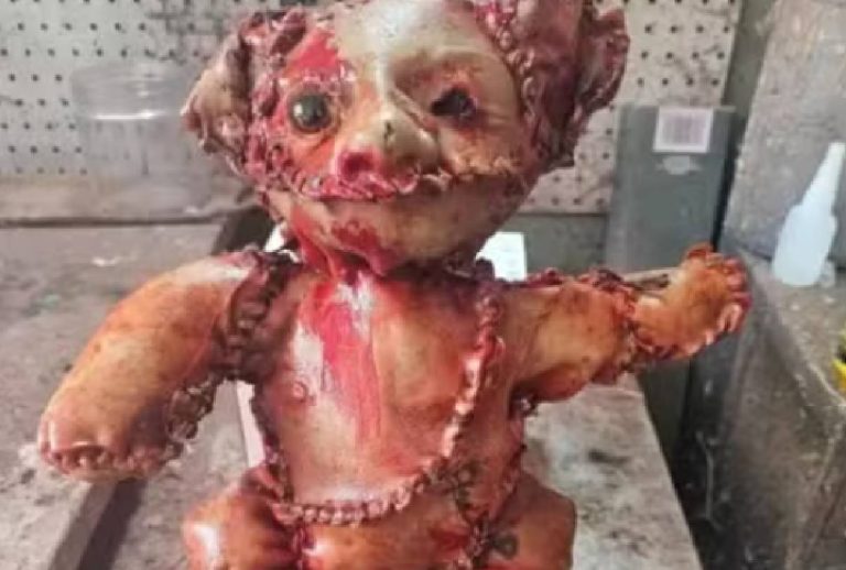 Urso de pelúcia de ‘pele humana’ é deixado em estacionamento de loja
