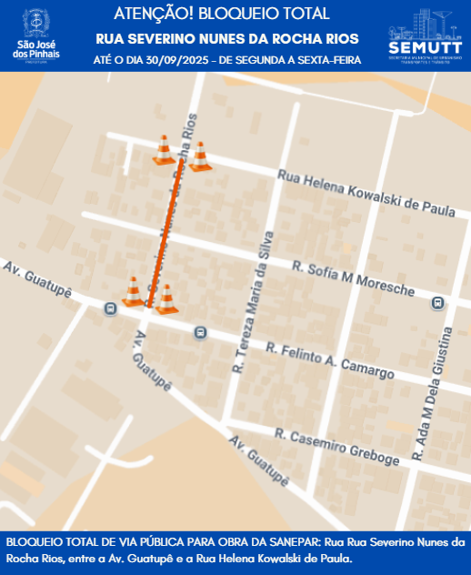 Obras de saneamento interditam rua em São José dos Pinhais; veja o trecho afetado
