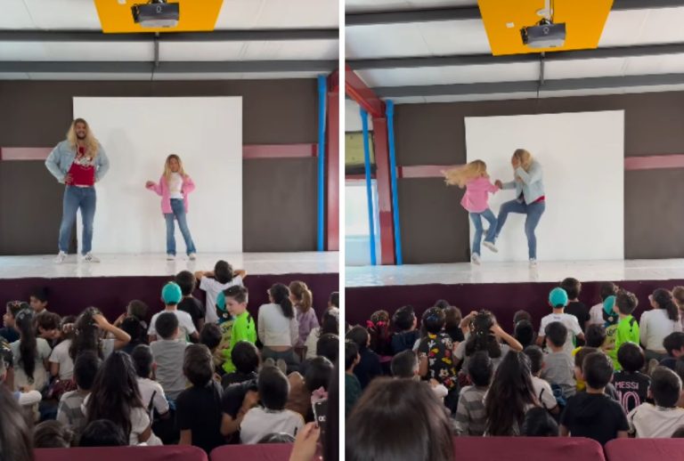 Padrasto e enteada roubam cena em show de talentos na escola
