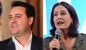 Colagem de fotos do governador Ratinho Junior e da jornalista Cristina Graeml